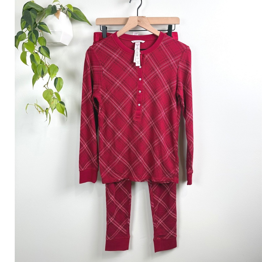Victoria's Secret Red Plaid Waffle Knit Henley Pajama Set 2 Piece Size M Fall
